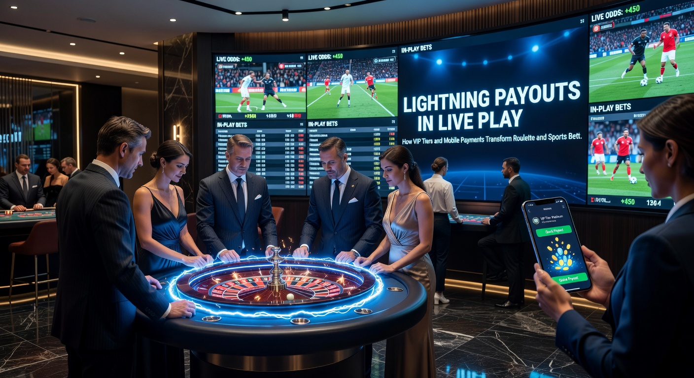 Smartphone mit Live-Sportwette und Roulette-App, umgeben von Zahlungssymbolen und VIP-Badges, die ultraschnelle Transaktionen illustrieren