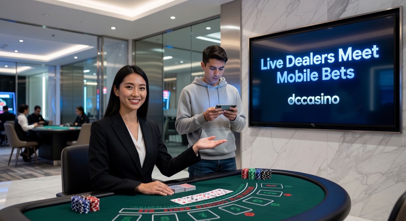 Live Dealer am Tisch mit mobilen Spielern im dccasino, dynamische Atmosphäre mit Karten und Chips