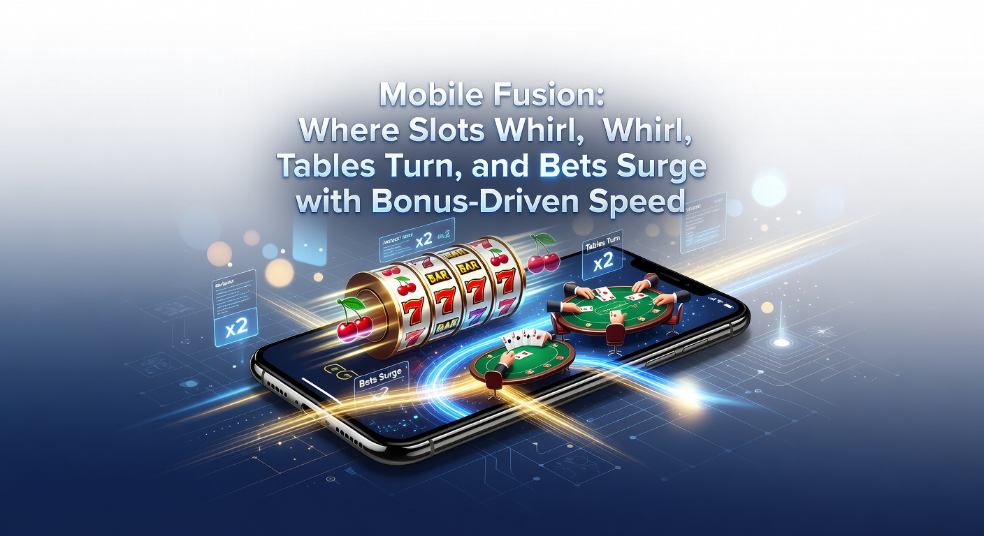 Dynamische Mobile-Casino-Szene mit wirbelnden Slots, drehenden Tischen und schnellen Wetten auf Smartphones